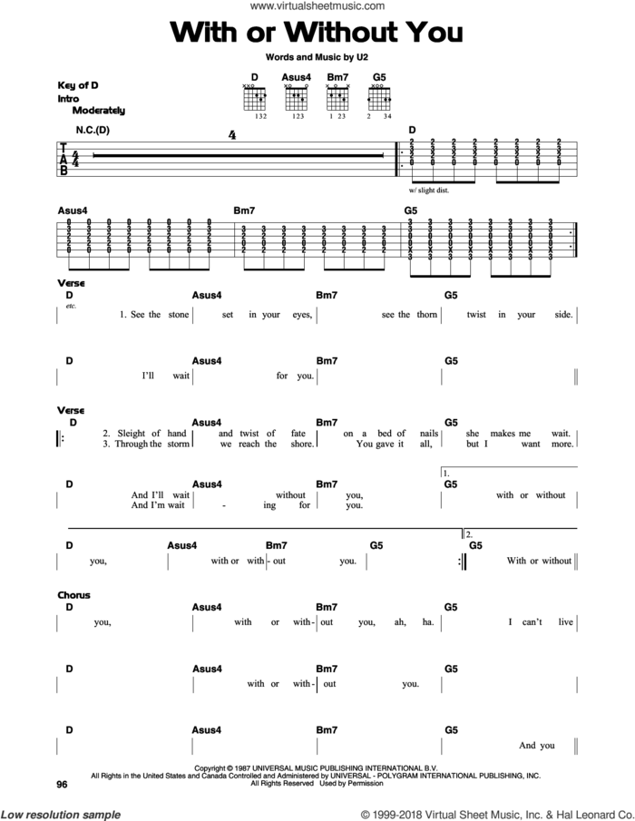 With Or Without You sheet music for guitar solo (lead sheet) by U2, intermediate guitar (lead sheet)