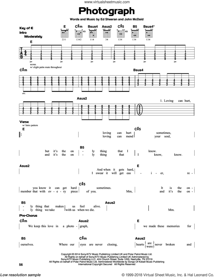 Photograph sheet music for guitar solo (lead sheet) by Ed Sheeran and John McDaid, intermediate guitar (lead sheet)