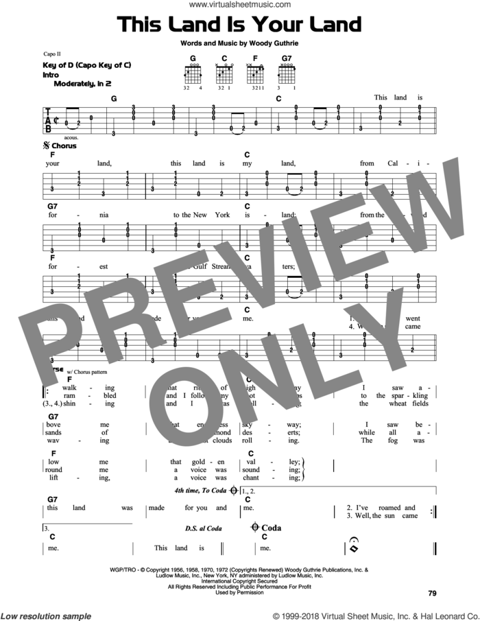 This Land Is Your Land sheet music for guitar solo (lead sheet) by Woody Guthrie, Peter, Paul & Mary and Woody & Arlo Guthrie, intermediate guitar (lead sheet)