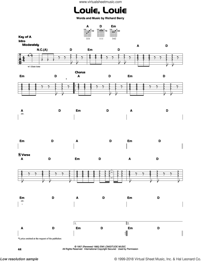 Louie, Louie sheet music for guitar solo (lead sheet) by The Kingsmen and Richard Berry, intermediate guitar (lead sheet)