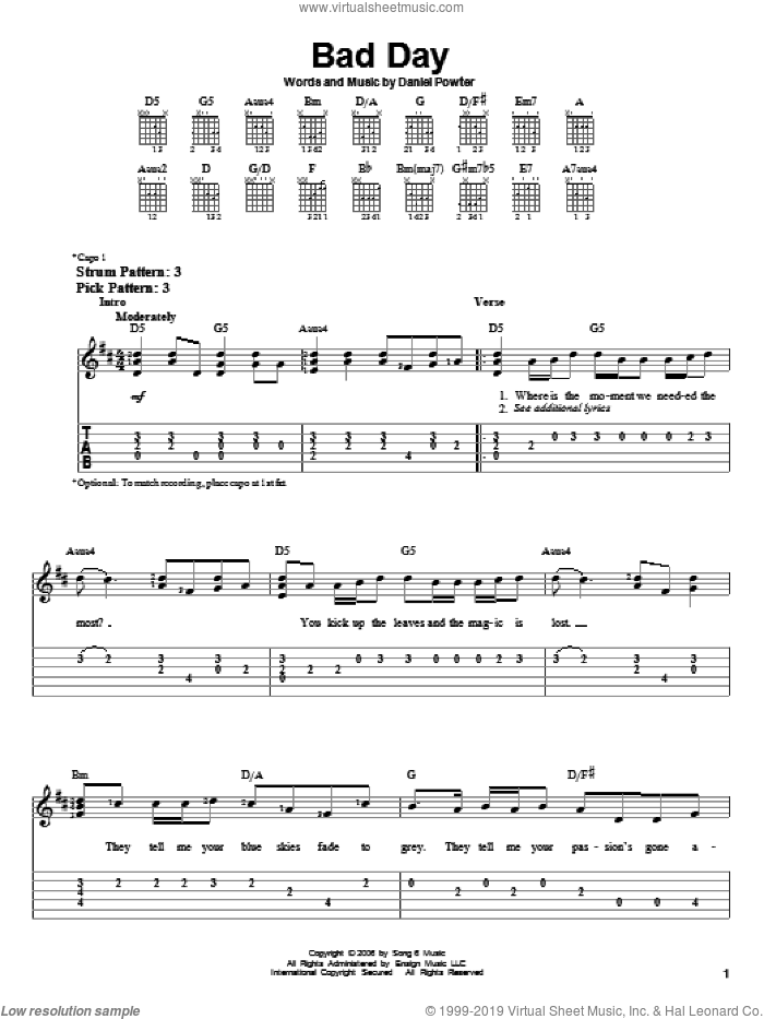 Bad Day sheet music for guitar solo (easy tablature) by Daniel Powter, easy guitar (easy tablature)