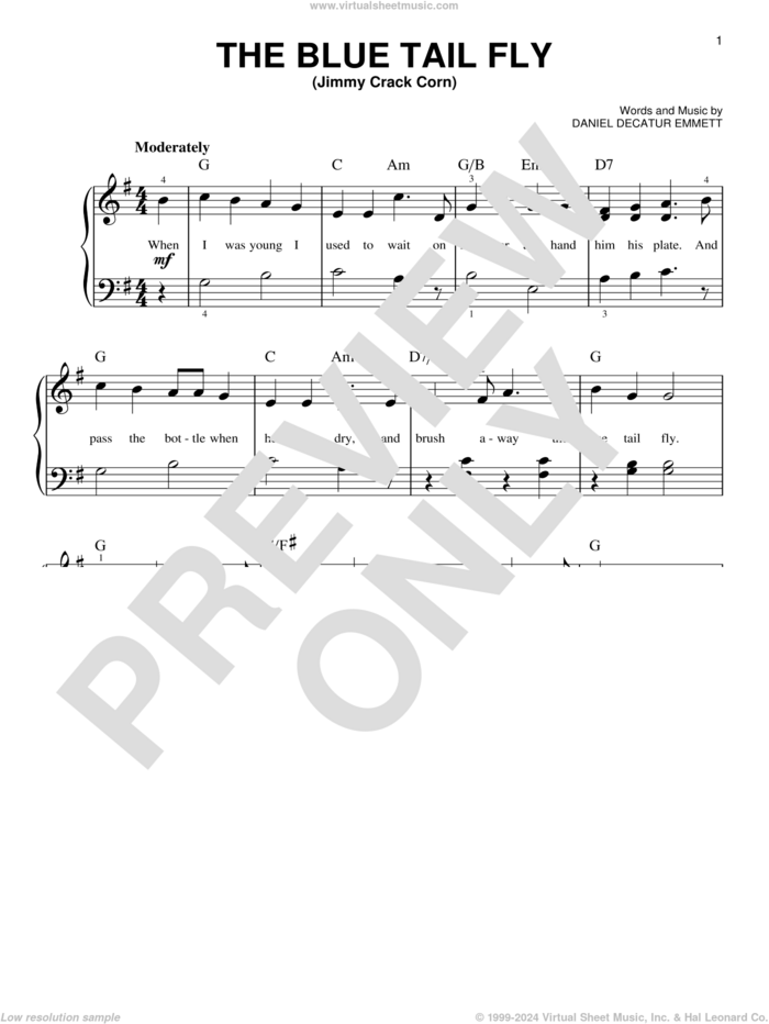 The Blue Tail Fly (Jimmy Crack Corn) sheet music for piano solo by Daniel Decatur Emmett, easy skill level