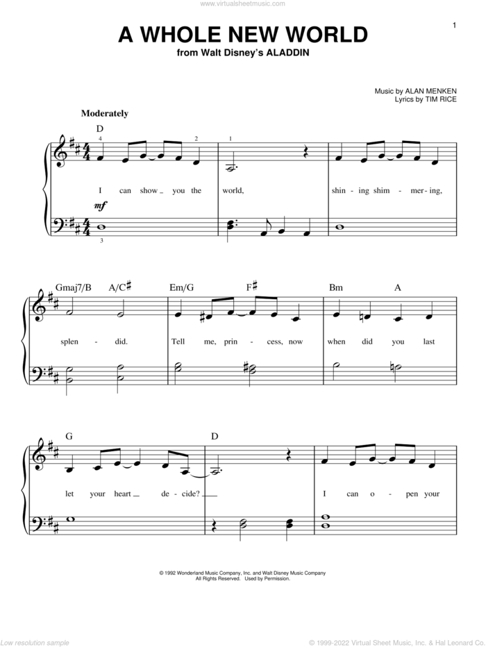 A Whole New World (from Aladdin) sheet music for piano solo by Alan Menken, Alan Menken & Tim Rice and Tim Rice, wedding score, easy skill level
