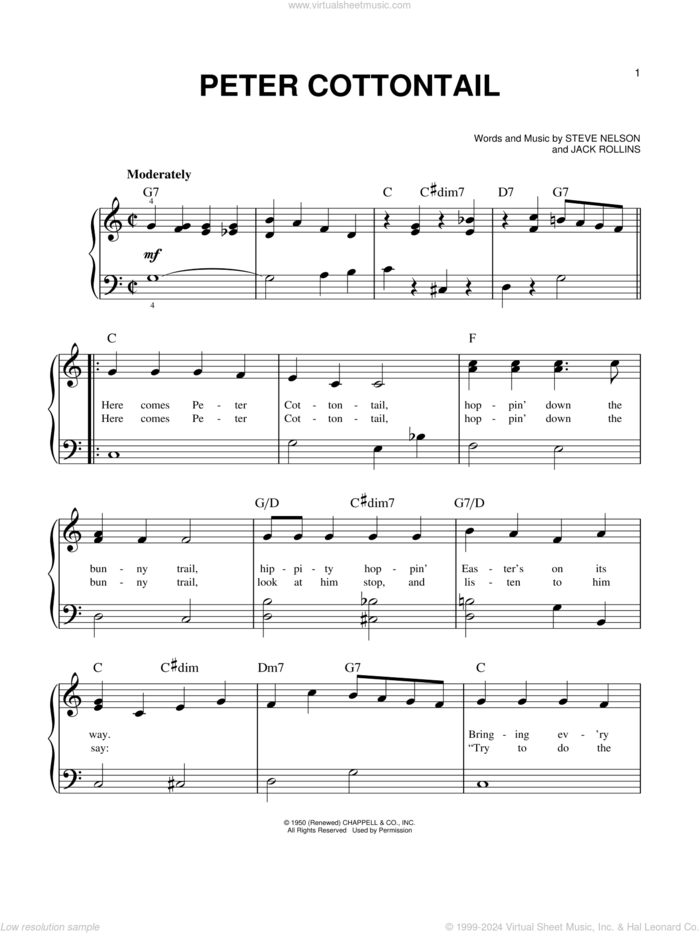 Peter Cottontail sheet music for piano solo by Steve Nelson and Jack Rollins, easy skill level