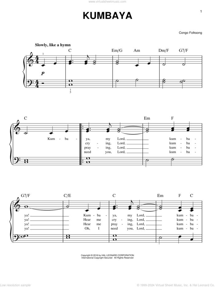 Kumbaya sheet music for piano solo, easy skill level