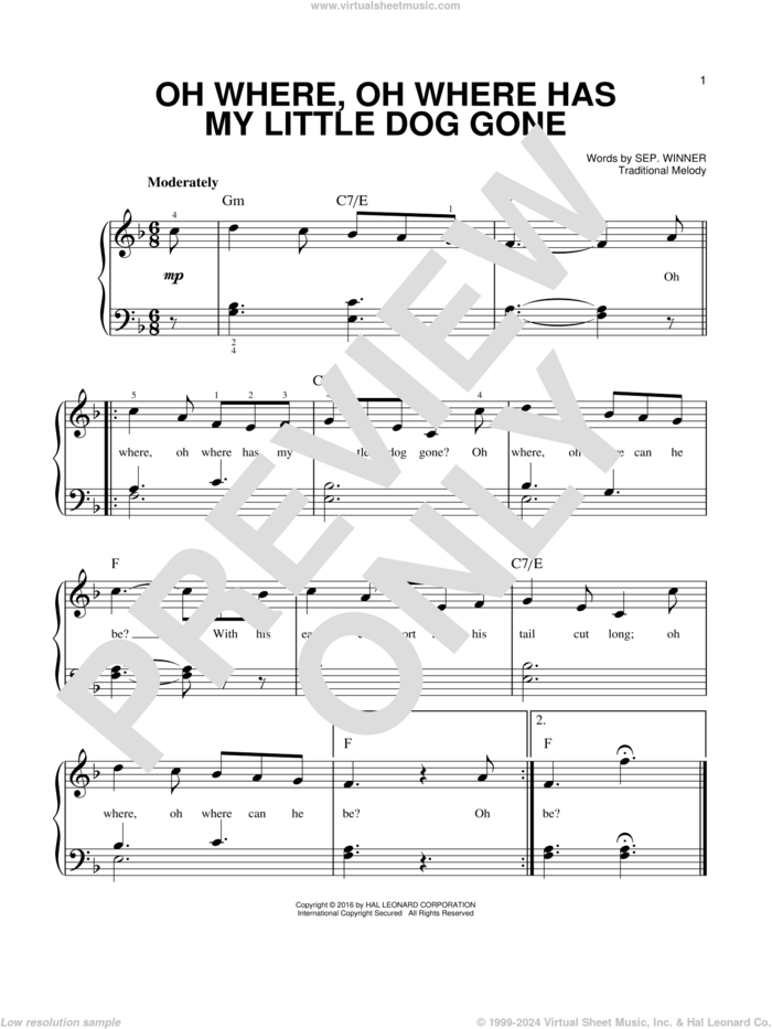 Oh Where, Oh Where Has My Little Dog Gone sheet music for piano solo by Sep. Winner and Miscellaneous, easy skill level