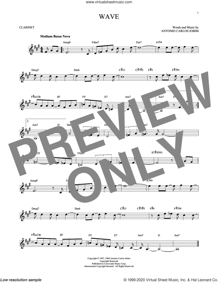 Wave sheet music for clarinet solo by Antonio Carlos Jobim, intermediate skill level