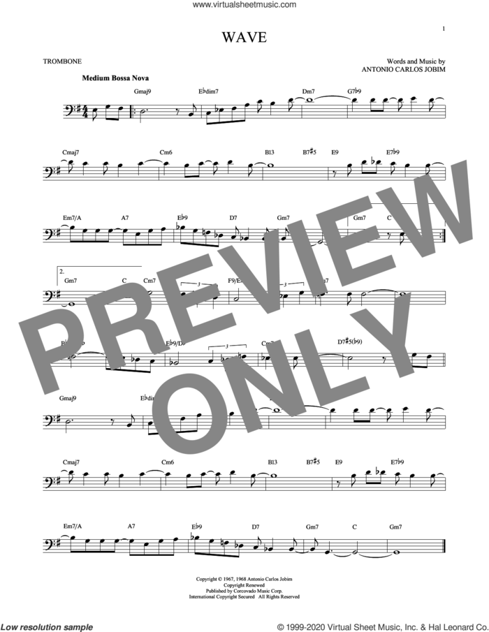 Wave sheet music for trombone solo by Antonio Carlos Jobim, intermediate skill level