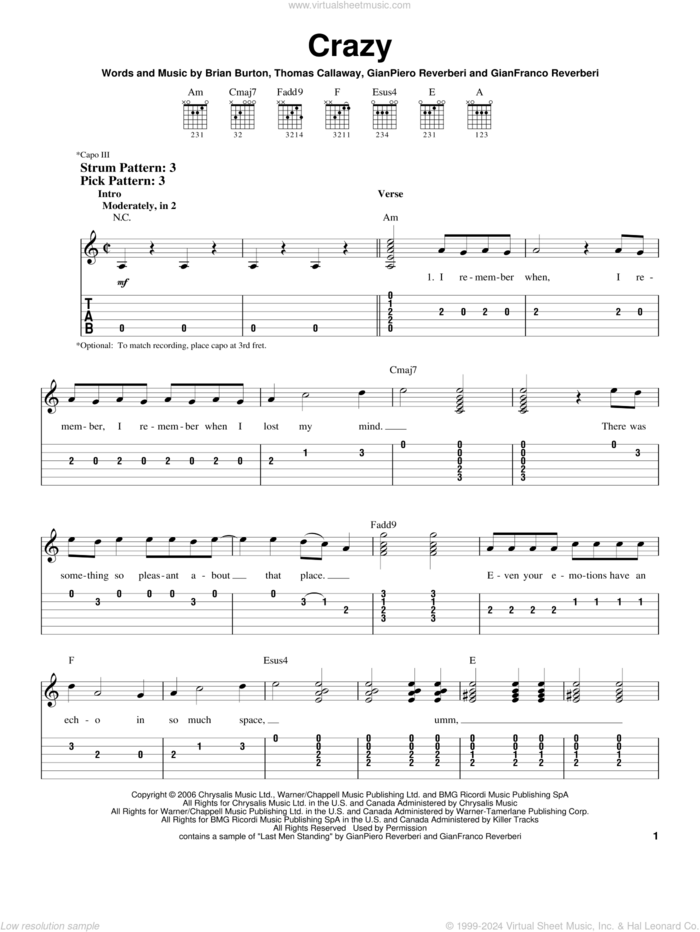 Crazy sheet music for guitar solo (easy tablature) by Gnarls Barkley, Brian Burton, Gianfranco Reverberi, GianPiero Reverberi and Thomas Callaway, easy guitar (easy tablature)