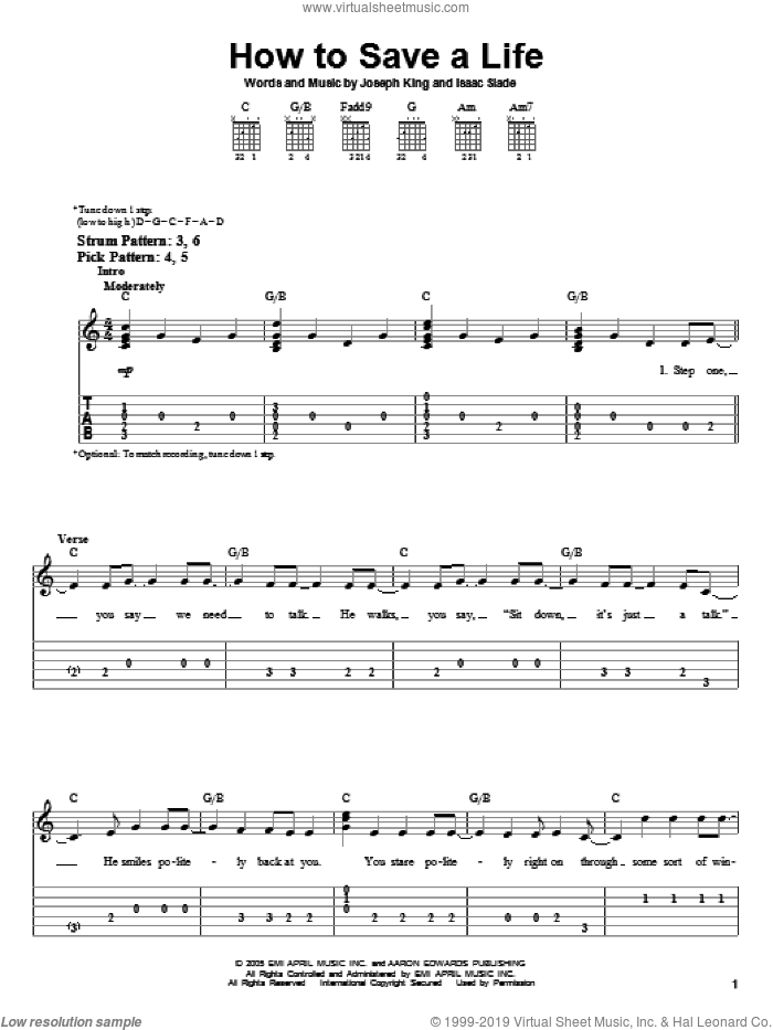 How To Save A Life sheet music for guitar solo (easy tablature) by The Fray, Isaac Slade and Joseph King, easy guitar (easy tablature)