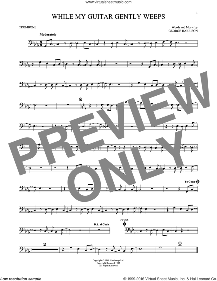 While My Guitar Gently Weeps sheet music for trombone solo by The Beatles, intermediate skill level