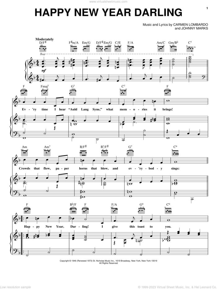 Happy New Year Darling sheet music for voice, piano or guitar by Johnny Marks and Carmen Lombardo, intermediate skill level