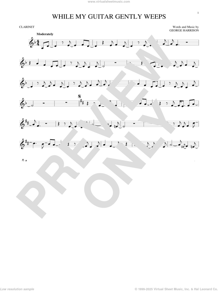 While My Guitar Gently Weeps sheet music for clarinet solo by The Beatles, intermediate skill level