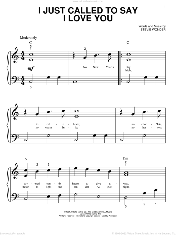 I Just Called To Say I Love You sheet music for piano solo (big note book) by Stevie Wonder, easy piano (big note book)