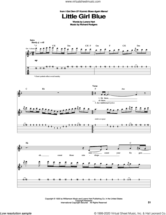 Little Girl Blue sheet music for guitar (tablature) by Janis Joplin, Lorenz Hart and Richard Rodgers, intermediate skill level
