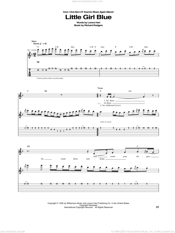 Little Girl Blue sheet music for guitar (tablature) by Janis Joplin, Lorenz Hart and Richard Rodgers, intermediate skill level