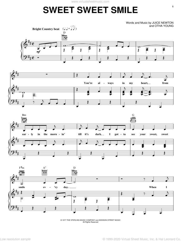 Sweet Sweet Smile sheet music for voice, piano or guitar by Carpenters, Juice Newton and Otha Young, intermediate skill level