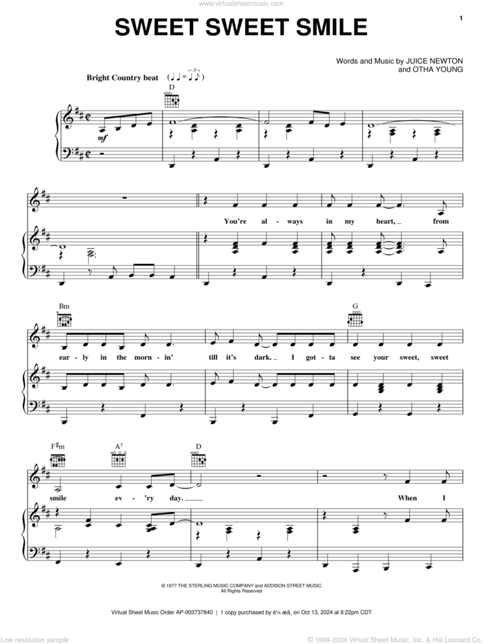 Sweet Sweet Smile sheet music for voice, piano or guitar by Carpenters, Juice Newton and Otha Young, intermediate skill level