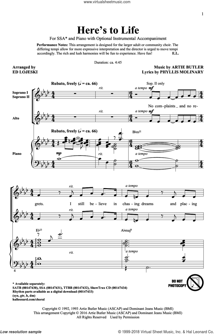 Here's To Life sheet music for choir (SSA: soprano, alto) by Artie Butler, Ed Lojeski, Shirley Horn and Phyllis Molinary, intermediate skill level
