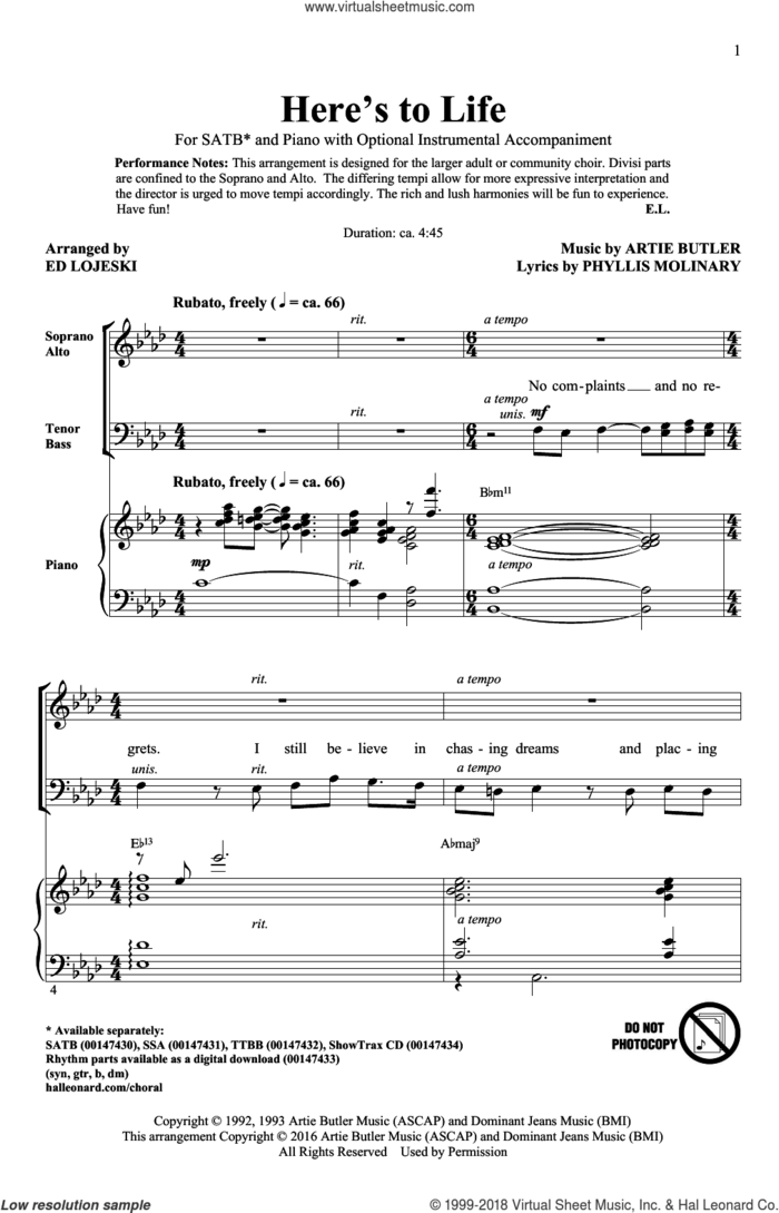 Here's To Life sheet music for choir (SATB: soprano, alto, tenor, bass) by Artie Butler, Ed Lojeski, Shirley Horn and Phyllis Molinary, intermediate skill level