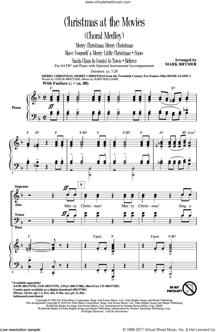 Christmas At The Movies (Choral Medley) sheet music for choir (SATB: soprano, alto, tenor, bass) by Glen Ballard, Mark Brymer, Josh Groban and Alan Silvestri, intermediate skill level