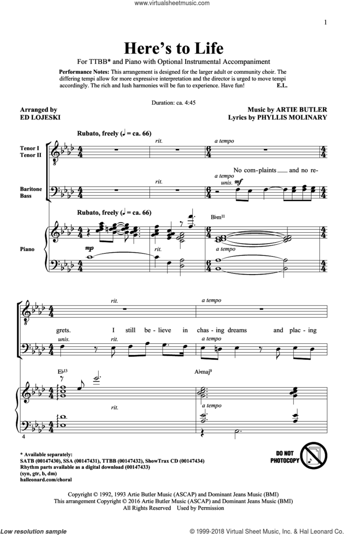 Here's To Life sheet music for choir (TTBB: tenor, bass) by Artie Butler, Ed Lojeski, Shirley Horn and Phyllis Molinary, intermediate skill level