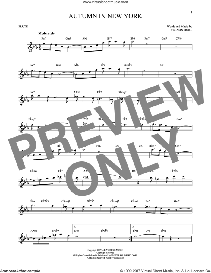 Autumn In New York sheet music for flute solo by Vernon Duke, Bud Powell and Jo Stafford, intermediate skill level