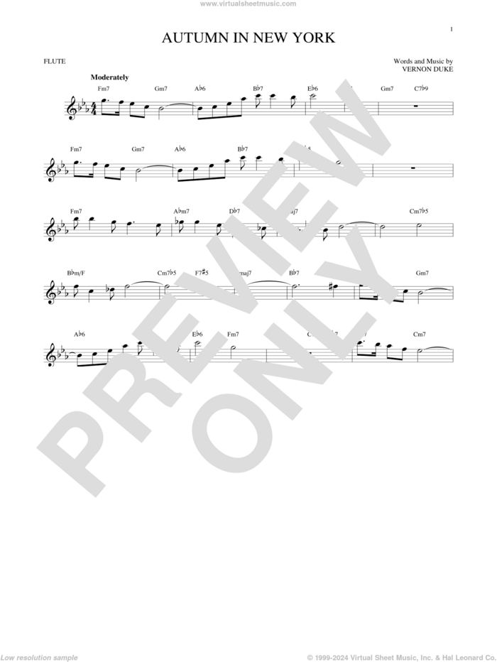 Autumn In New York sheet music for flute solo by Vernon Duke, Bud Powell and Jo Stafford, intermediate skill level