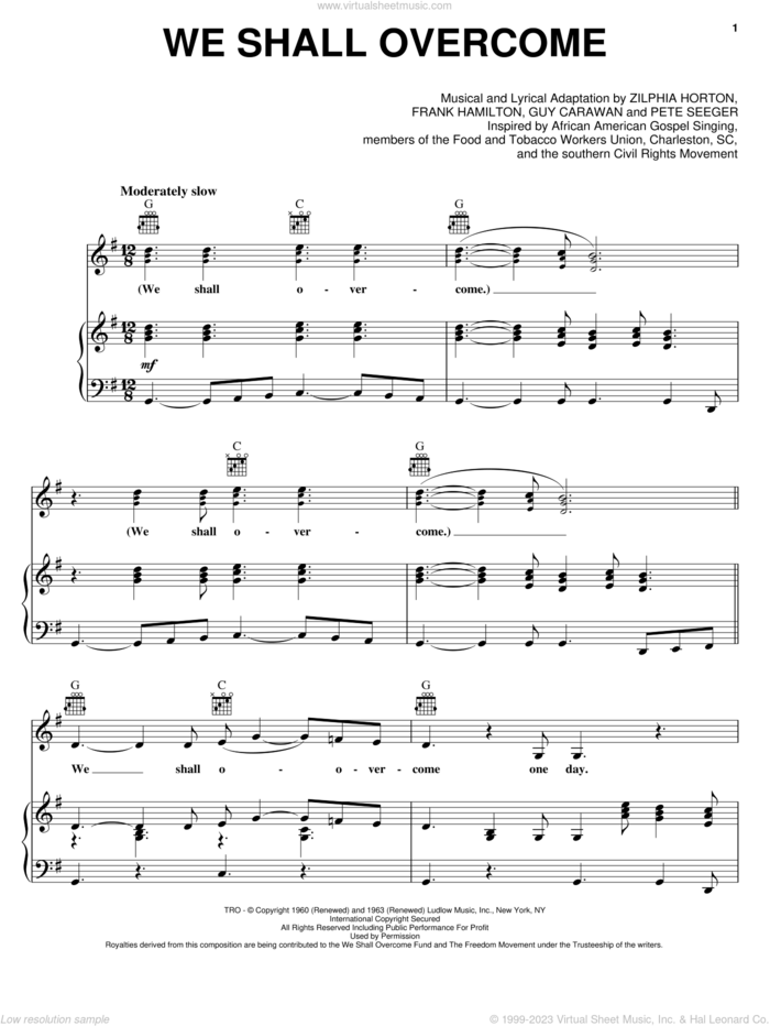 We Shall Overcome sheet music for voice, piano or guitar by Pete Seeger, Joan Baez, Frank Hamilton, Guy Carawan and Zilphia Horton, intermediate skill level