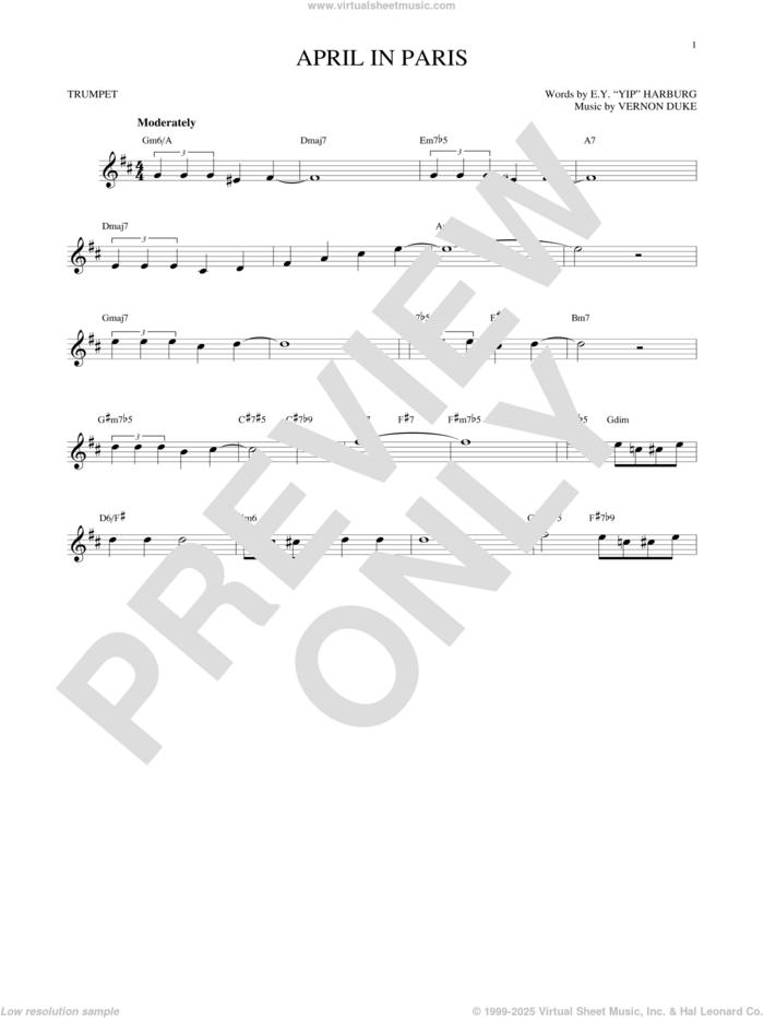 April In Paris sheet music for trumpet solo by E.Y. Harburg, Coleman Hawkins, Count Basie, Modernaires and Vernon Duke, intermediate skill level