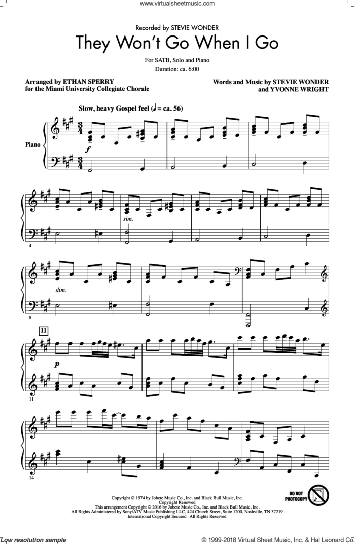 They Won't Go When I Go sheet music for choir (SATB: soprano, alto, tenor, bass) by Stevie Wonder, Ethan Sperry and Yvonne Wright, intermediate skill level