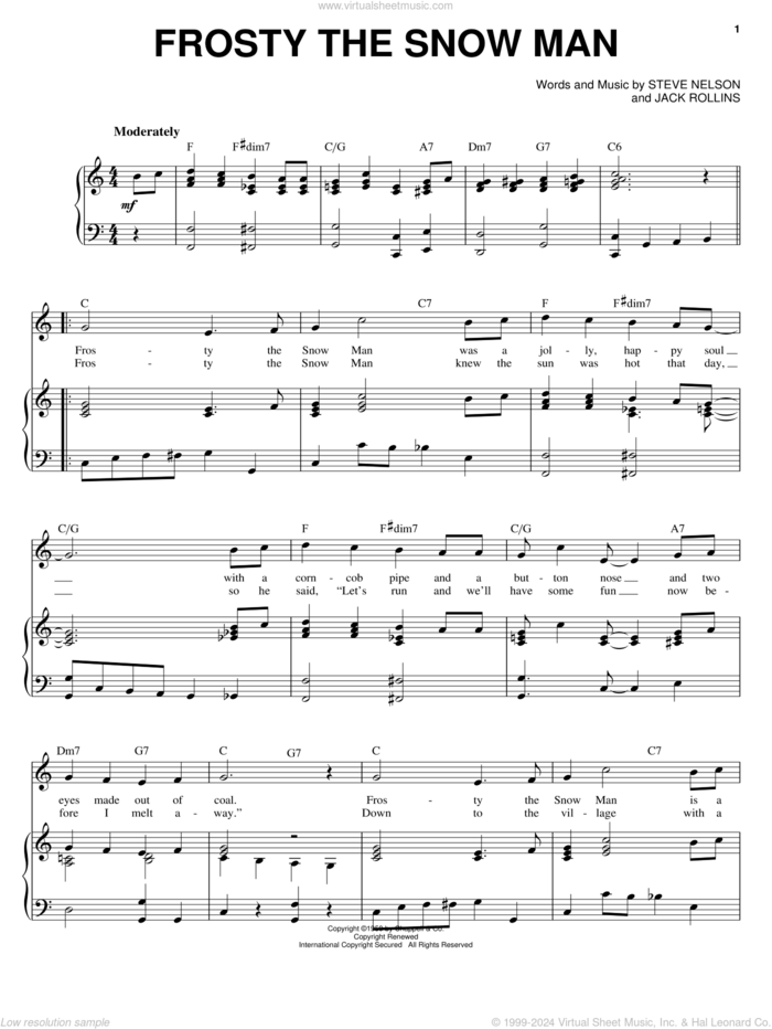 Frosty The Snow Man sheet music for voice and piano by Gene Autry, Jack Rollins and Steve Nelson, intermediate skill level