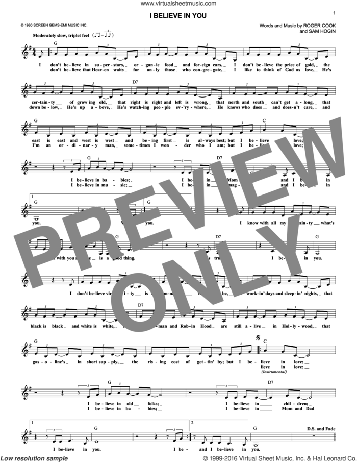 I Believe In You sheet music for voice and other instruments (fake book) by Don Williams, Roger Cook and Sam Hogin, intermediate skill level