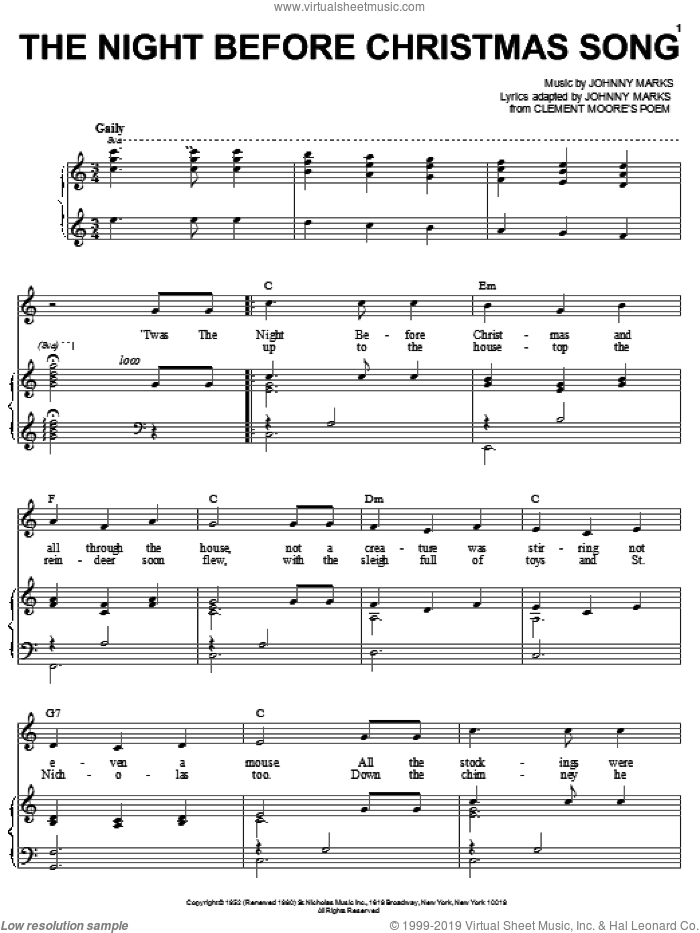 The Night Before Christmas Song sheet music for voice and piano by Johnny Marks, intermediate skill level