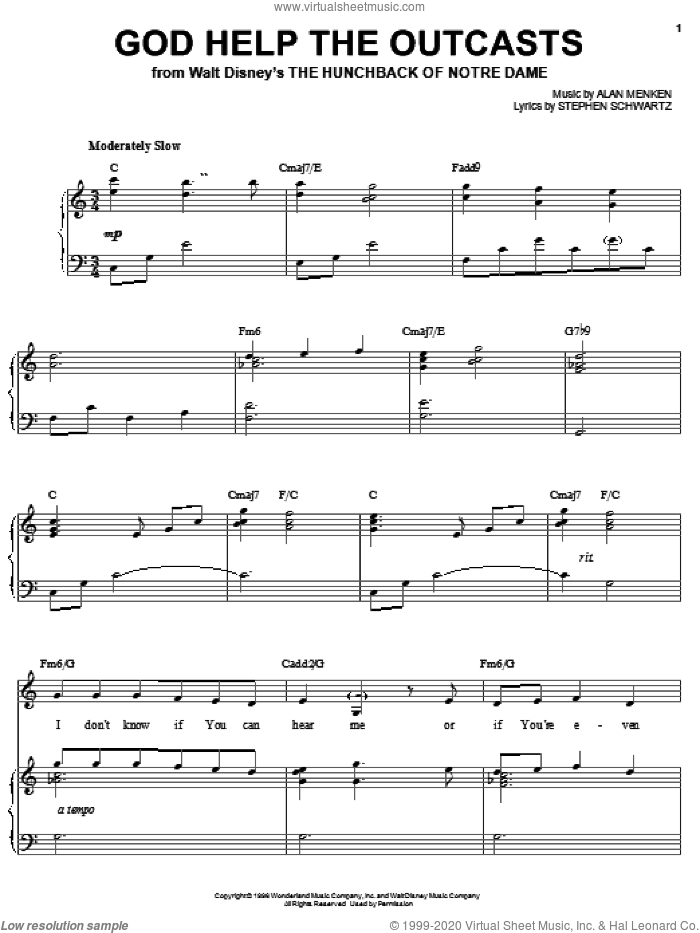 God Help The Outcasts sheet music for voice and piano by Bette Midler, Alan Menken and Stephen Schwartz, intermediate skill level