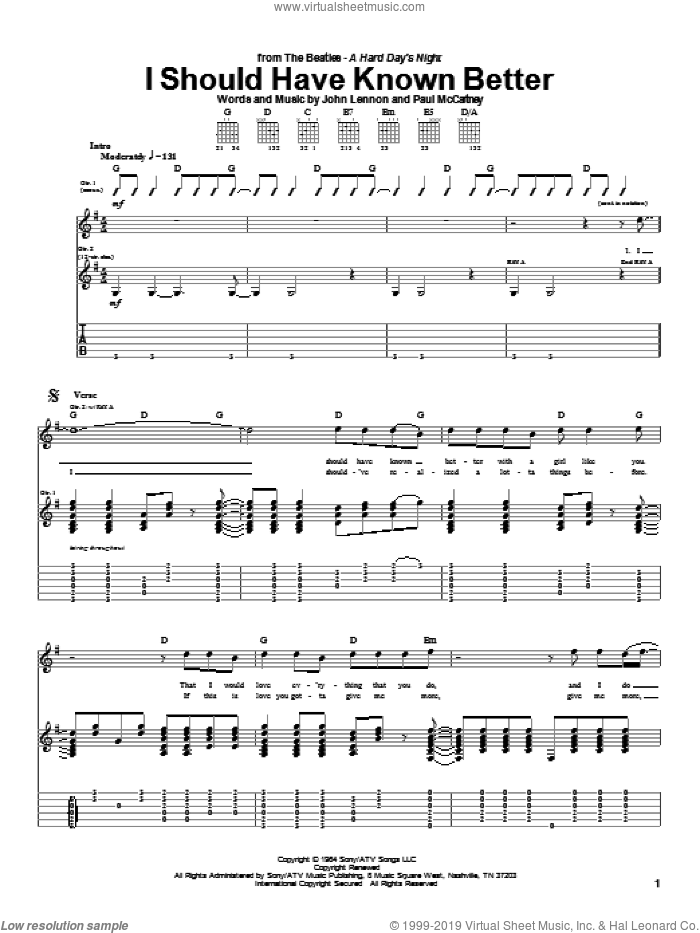 I Should Have Known Better sheet music for guitar (tablature) by The Beatles, John Lennon and Paul McCartney, intermediate skill level