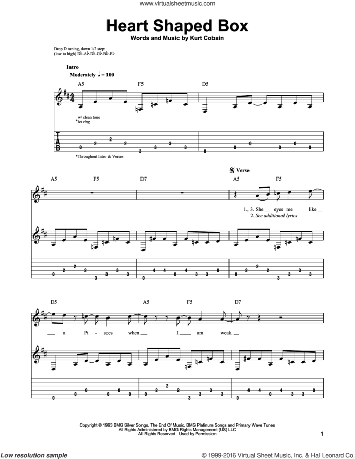 Heart Shaped Box sheet music for guitar solo (easy tablature) by Nirvana and Kurt Cobain, easy guitar (easy tablature)