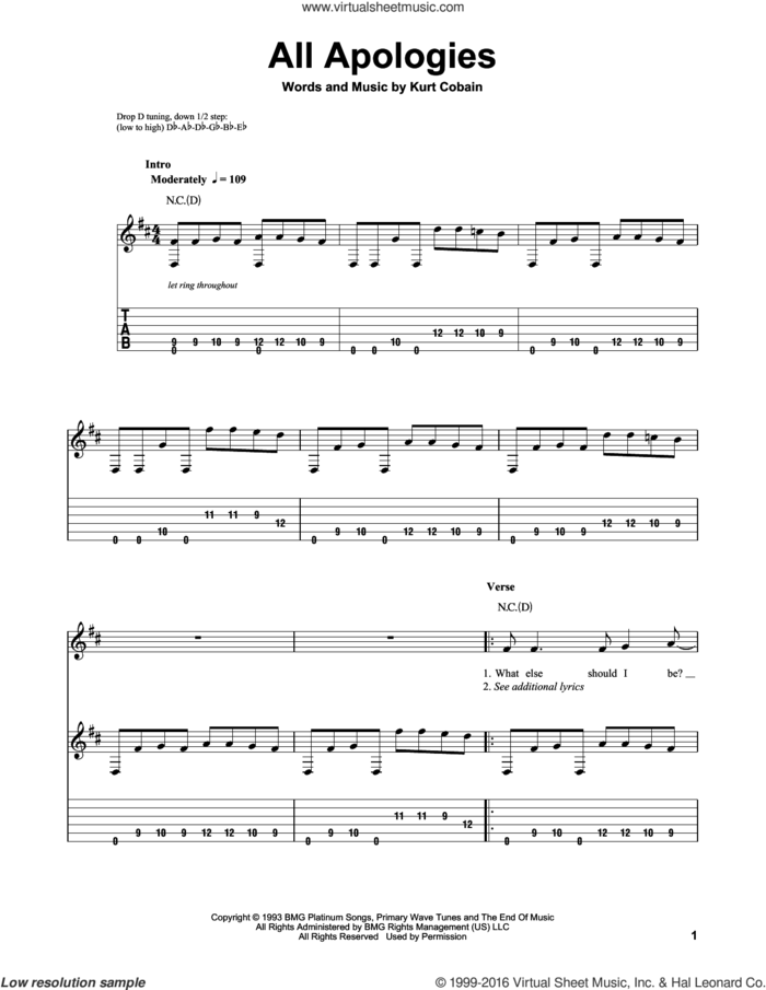 All Apologies sheet music for guitar solo (easy tablature) by Nirvana and Kurt Cobain, easy guitar (easy tablature)