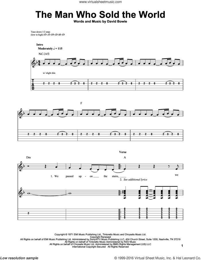 The Man Who Sold The World sheet music for guitar solo (easy tablature) by Nirvana and David Bowie, easy guitar (easy tablature)