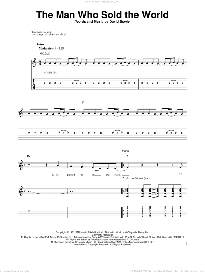 The Man Who Sold The World sheet music for guitar solo (easy tablature) by Nirvana and David Bowie, easy guitar (easy tablature)