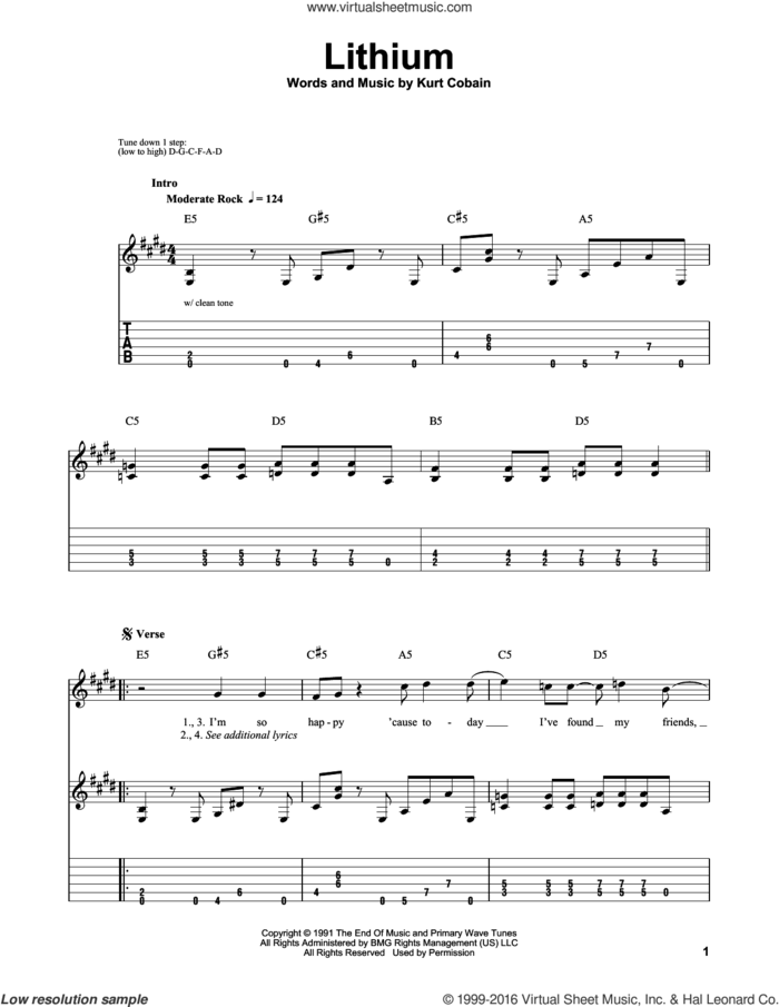 Lithium sheet music for guitar solo (easy tablature) by Nirvana and Kurt Cobain, easy guitar (easy tablature)