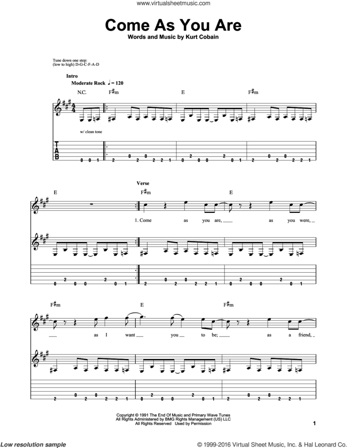 Come As You Are sheet music for guitar solo (easy tablature) by Nirvana and Kurt Cobain, easy guitar (easy tablature)