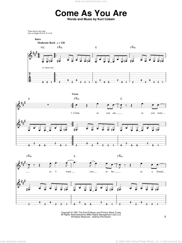 Come As You Are sheet music for guitar solo (easy tablature) by Nirvana and Kurt Cobain, easy guitar (easy tablature)