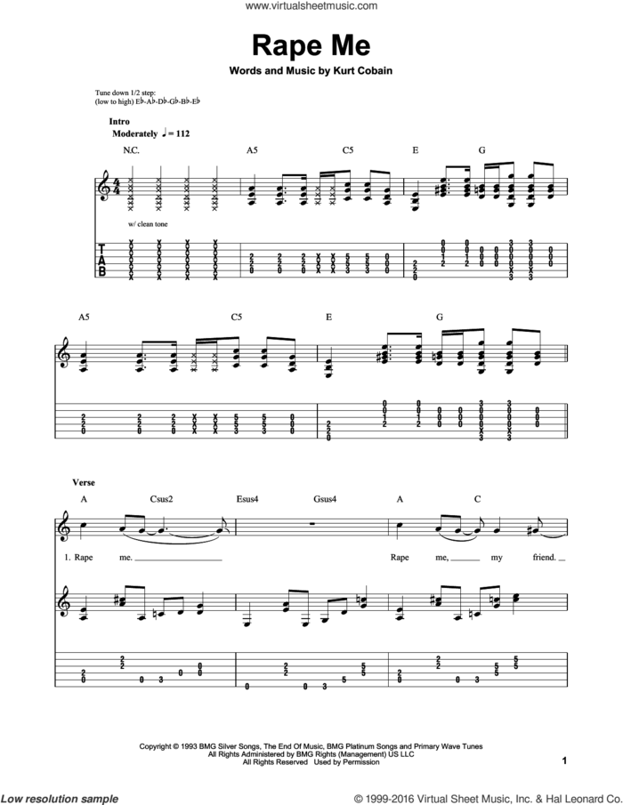 Rape Me sheet music for guitar solo (easy tablature) by Nirvana and Kurt Cobain, easy guitar (easy tablature)