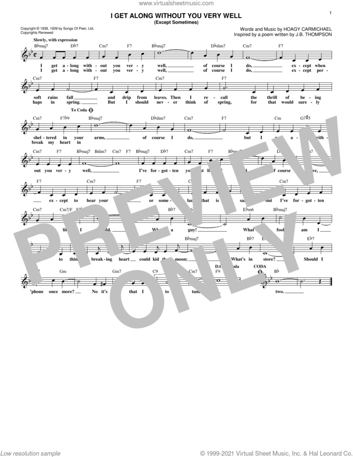 I Get Along Without You Very Well (Except Sometimes) sheet music for voice and other instruments (fake book) by Hoagy Carmichael, intermediate skill level