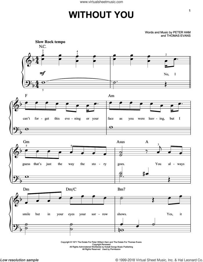 Without You, (beginner) sheet music for piano solo by Mariah Carey, Air Supply, Nilsson, Pete Ham and Thomas Evans, beginner skill level