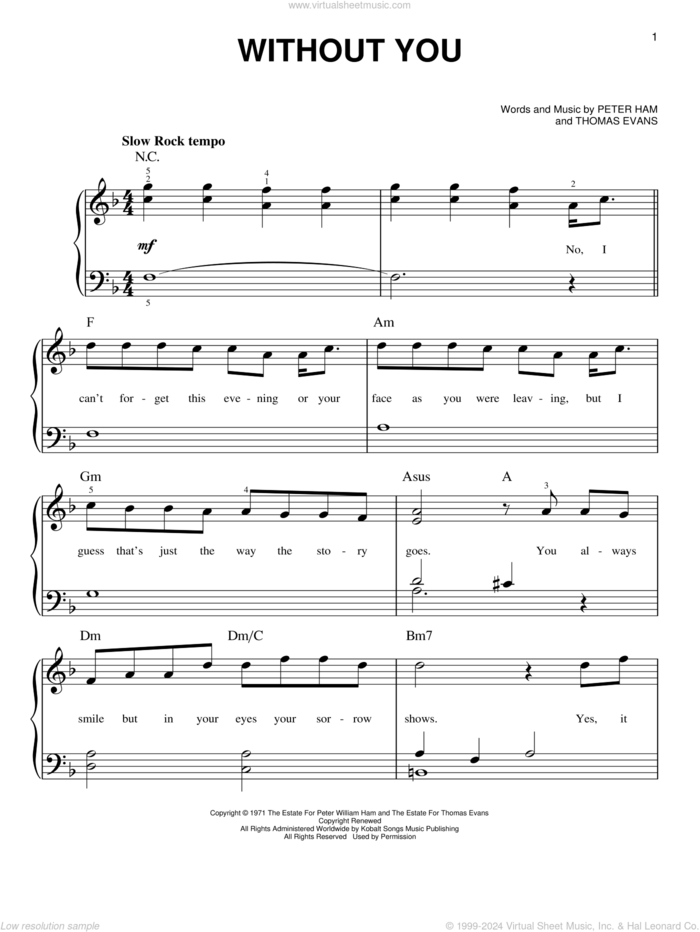 Without You, (beginner) sheet music for piano solo by Mariah Carey, Air Supply, Nilsson, Pete Ham and Thomas Evans, beginner skill level