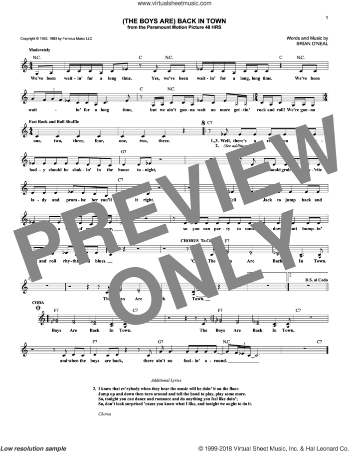 (The Boys Are) Back In Town sheet music for voice and other instruments (fake book) by Brian O'Neal and The Busboys, intermediate skill level