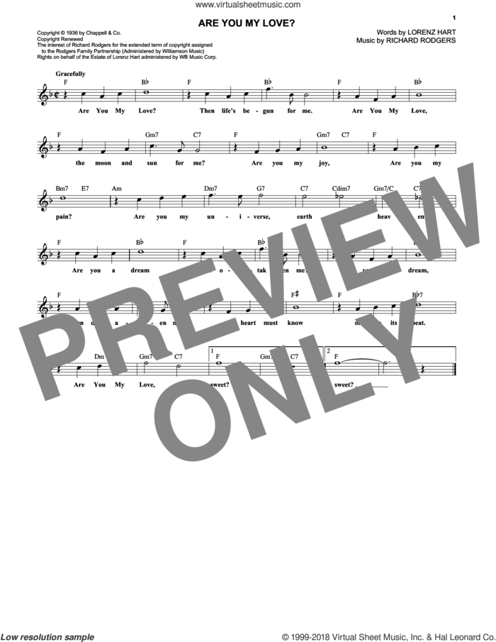 Are You My Love? sheet music for voice and other instruments (fake book) by Rodgers & Hart, Lorenz Hart and Richard Rodgers, intermediate skill level
