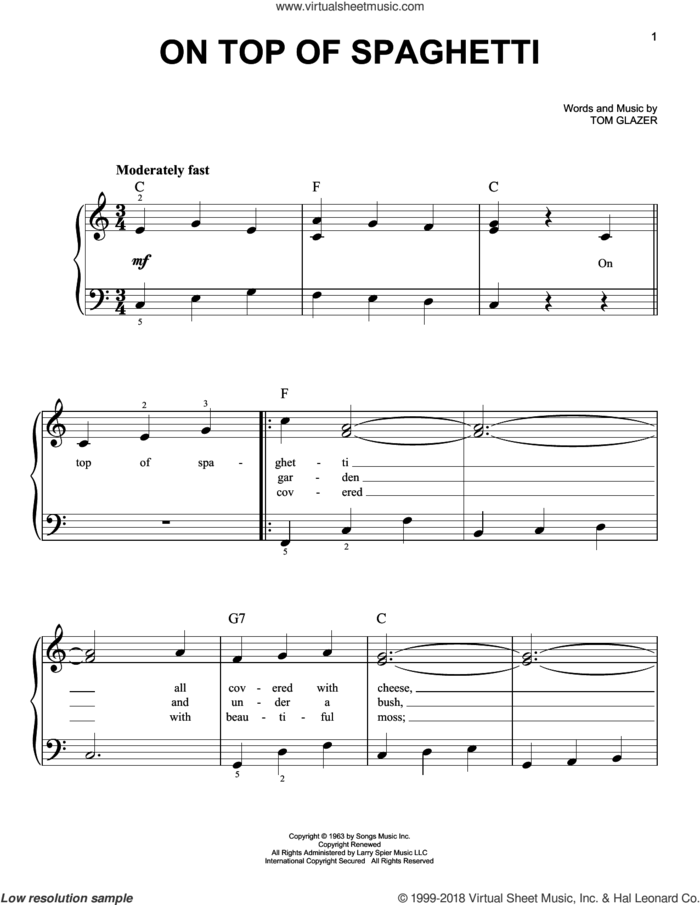 On Top Of Spaghetti sheet music for piano solo by Tom Glazer, beginner skill level